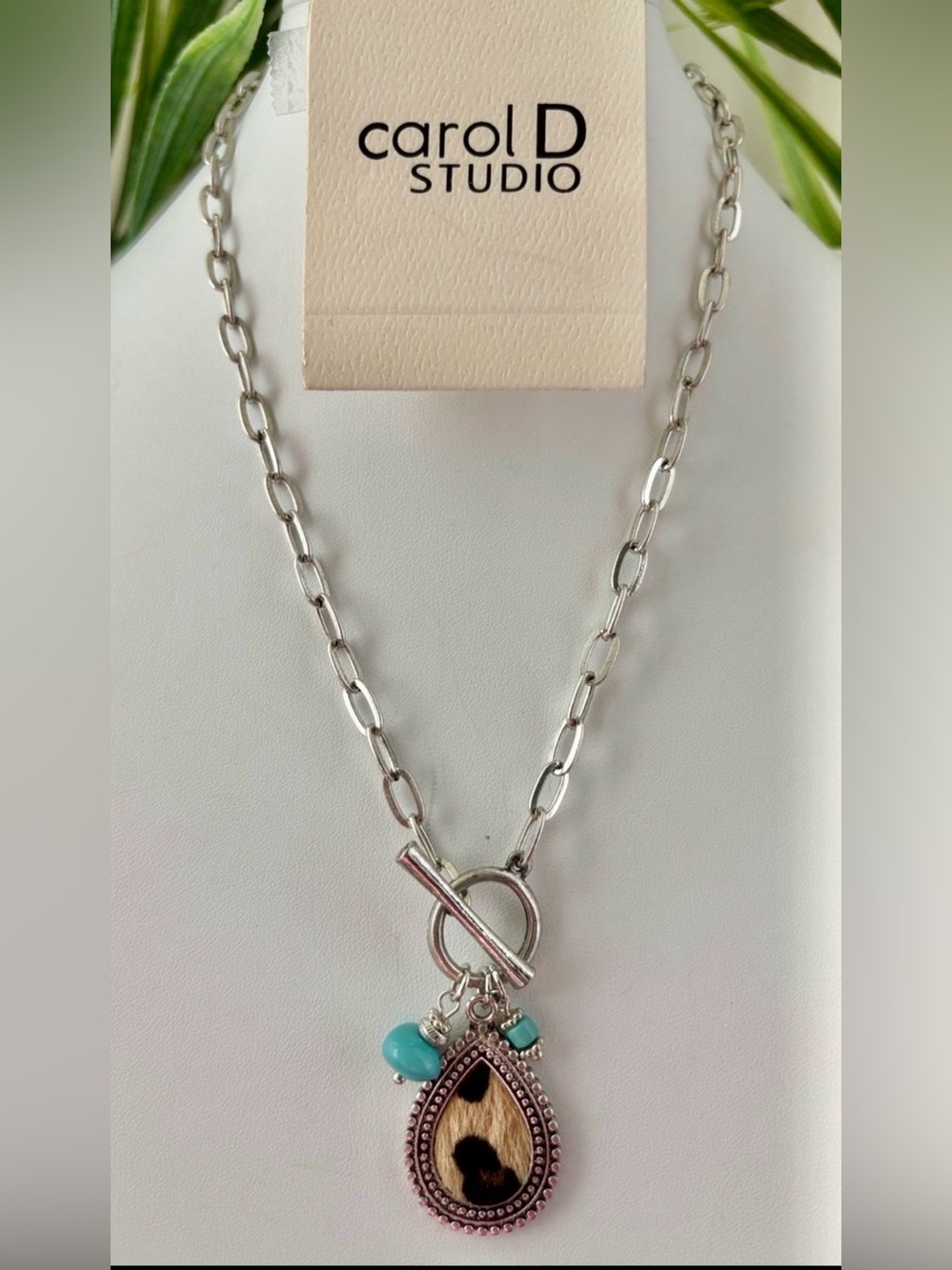 Carol D Studio Calf Hair leopard print, teardrop, turquoise stones, toggle clasp